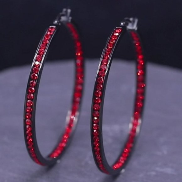 Black Metal Bright Red Crystal Channel Hoops Rhinestone Hoop Earrings Sparkling - Picture 1 of 6
